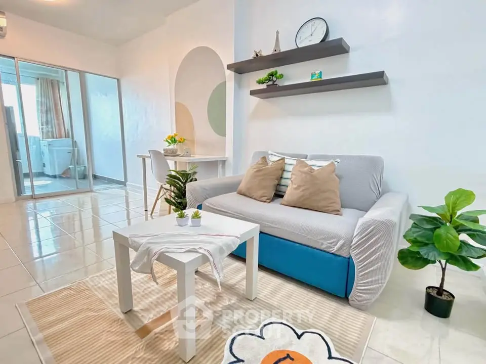 Modern living room with stylish decor and cozy seating area