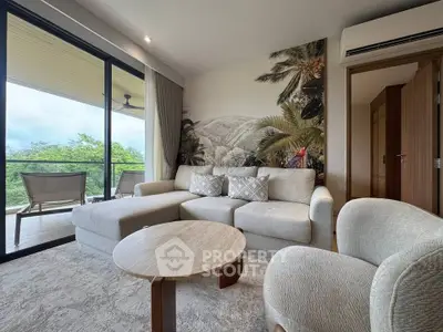 Luxurious living room with modern decor and stunning balcony view