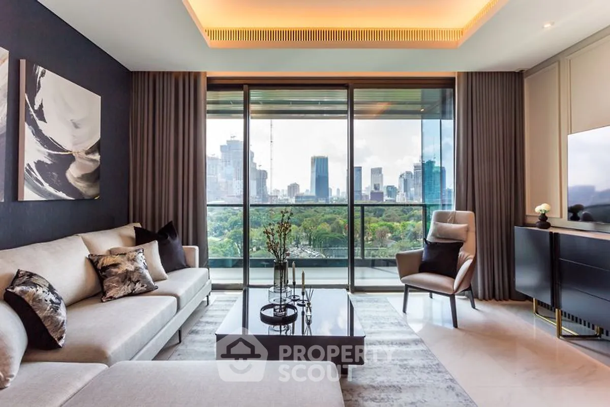 Luxurious living room with stunning city view and modern decor