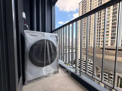 Modern balcony with city view and air conditioning unit in high-rise building