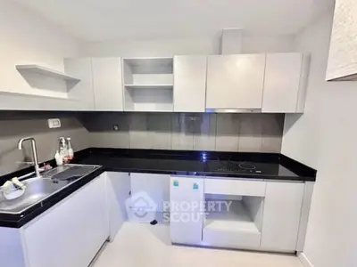 Modern kitchen with sleek white cabinets and black countertops