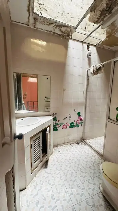Charming fixer-upper bathroom with vintage tiles and natural light from skylight.
