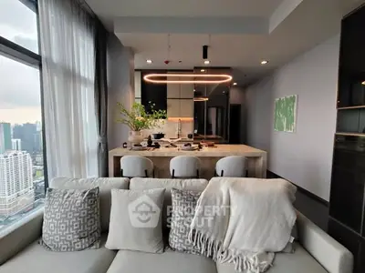 Luxurious modern living room with city view and stylish kitchen island