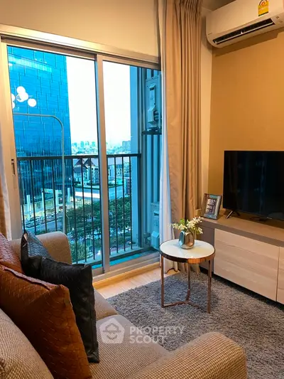 Chic urban living room with balcony view in modern apartment