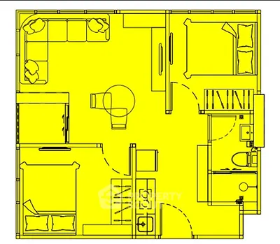 Detailed floor plan showcasing a modern apartment layout with two bedrooms and open living space.