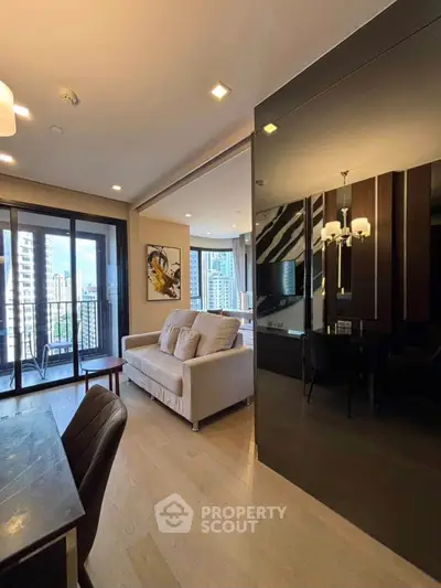 Modern living room with city view and stylish decor