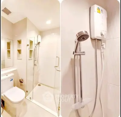 Modern bathroom with glass shower and water heater, sleek design and bright lighting.