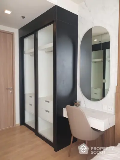 Modern bedroom with sleek wardrobe and stylish vanity area