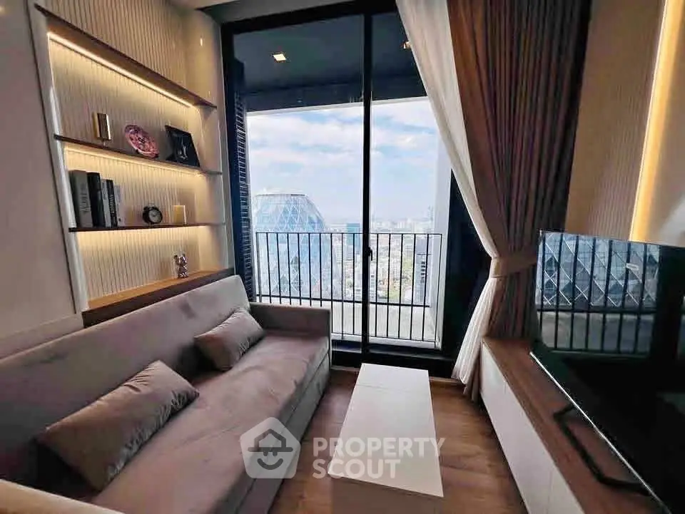 Modern living room with stunning city view and elegant decor