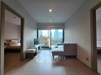 Modern living room with city view and stylish furniture