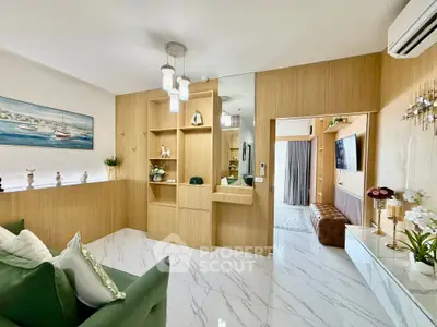 Modern living room with elegant decor and stylish lighting in a contemporary apartment.