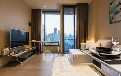 Luxurious modern living room with plush seating, sleek entertainment unit, and floor-to-ceiling windows offering a cityscape view.