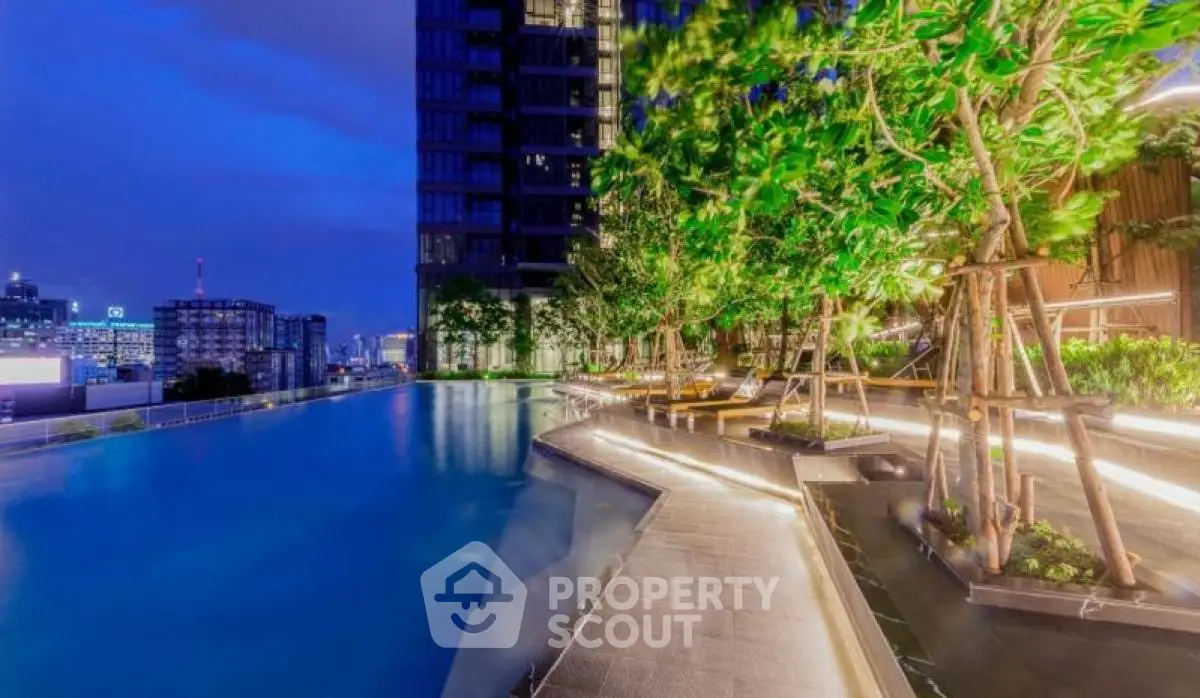 Luxurious rooftop pool with stunning city views and ambient lighting at night.