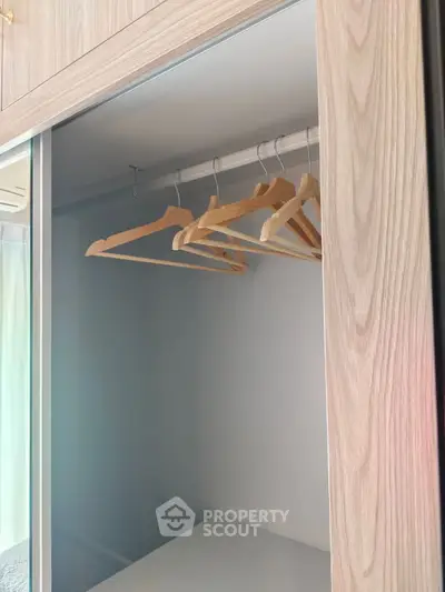 Spacious modern wardrobe with wooden hangers in a stylish interior.