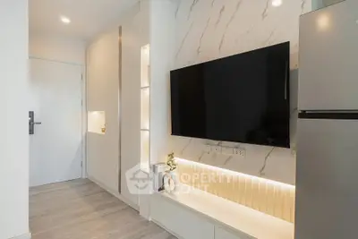 Modern living room with sleek TV setup and stylish decor