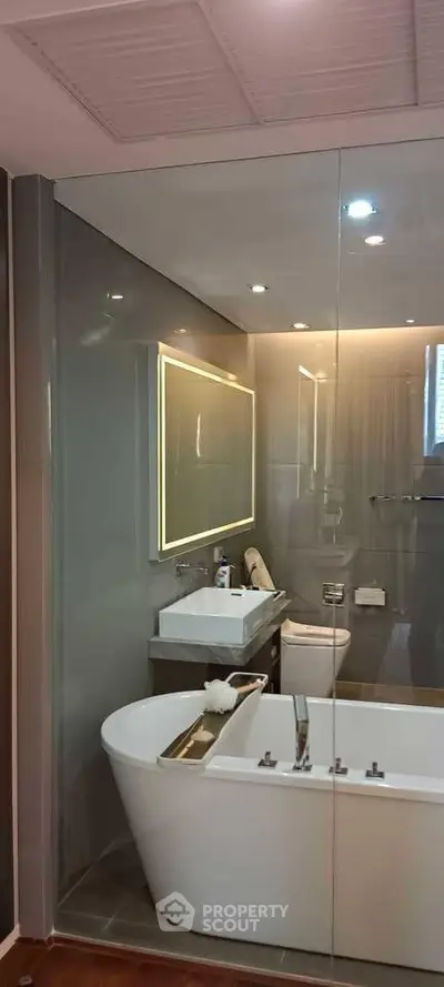 Luxurious modern bathroom with freestanding bathtub and sleek design