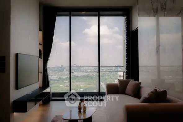 Luxurious living room with panoramic city view and modern decor