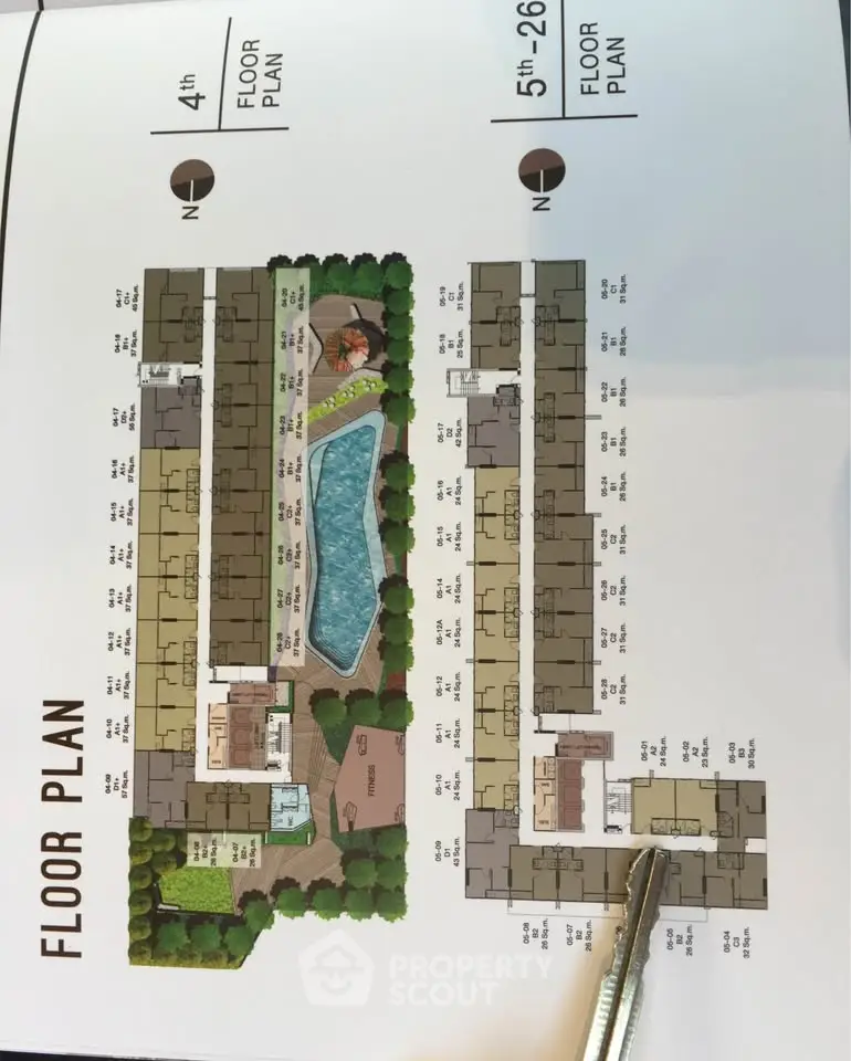 Detailed floor plan showcasing apartment layouts with pool and garden views.
