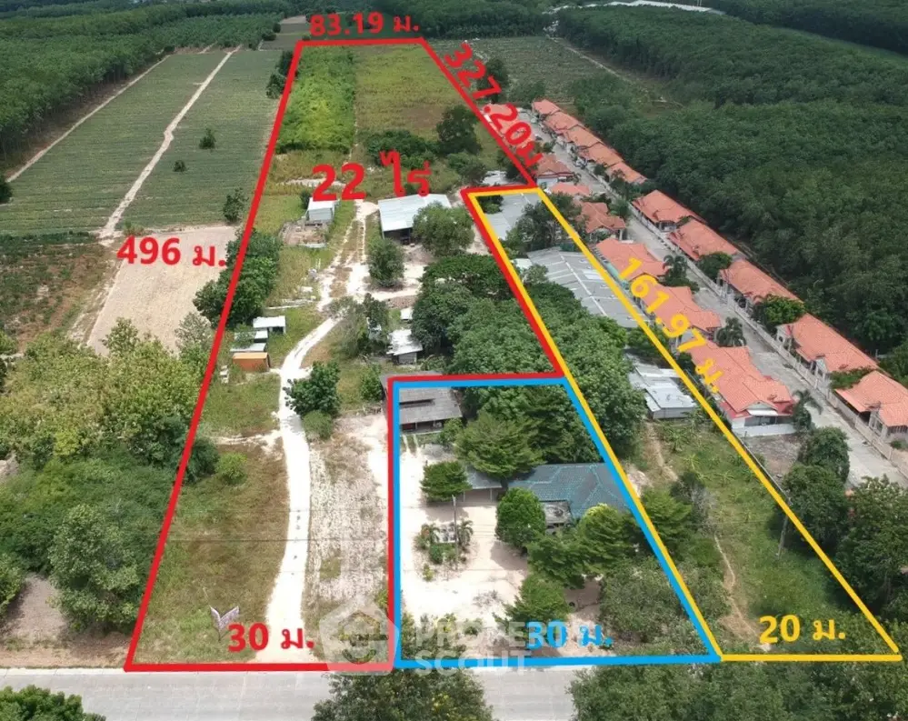 Expansive aerial view of property with outlined land plots and measurements, ideal for development opportunities.
