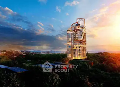 Stunning high-rise building with sunset view and lush greenery surroundings.