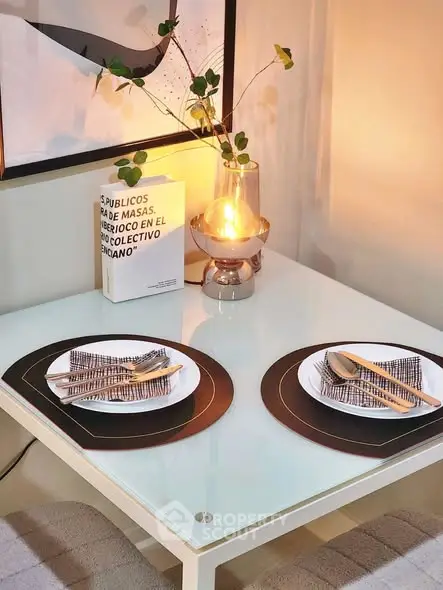 Elegant dining setup with modern decor and ambient lighting