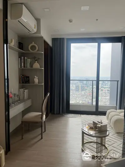 Elegant high-rise living space with panoramic city views, featuring a cozy study nook, modern furnishings, and floor-to-ceiling windows for abundant natural light.