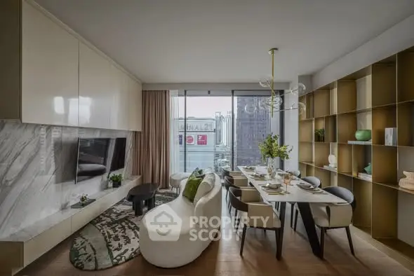 Luxurious modern living room with elegant dining area and city view, featuring stylish furniture and decor.