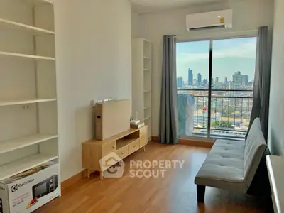 Modern living room with city view, wooden flooring, and minimalist furniture.