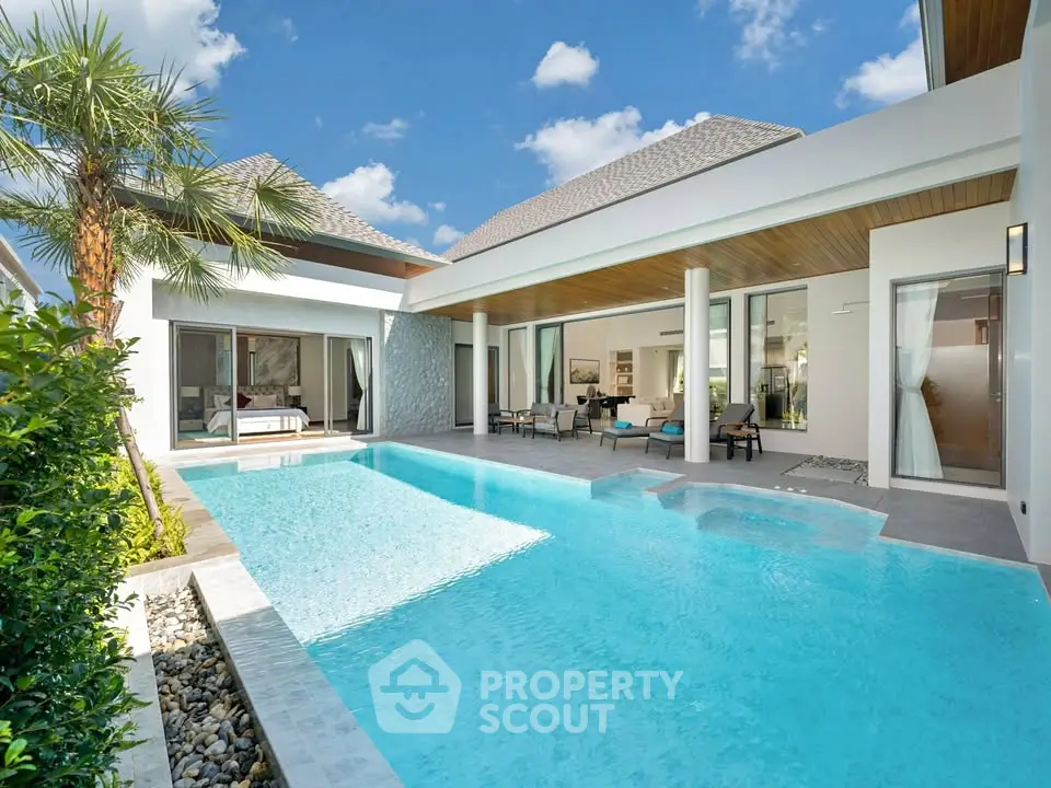 Luxurious modern villa with private pool and spacious outdoor area under clear blue sky.