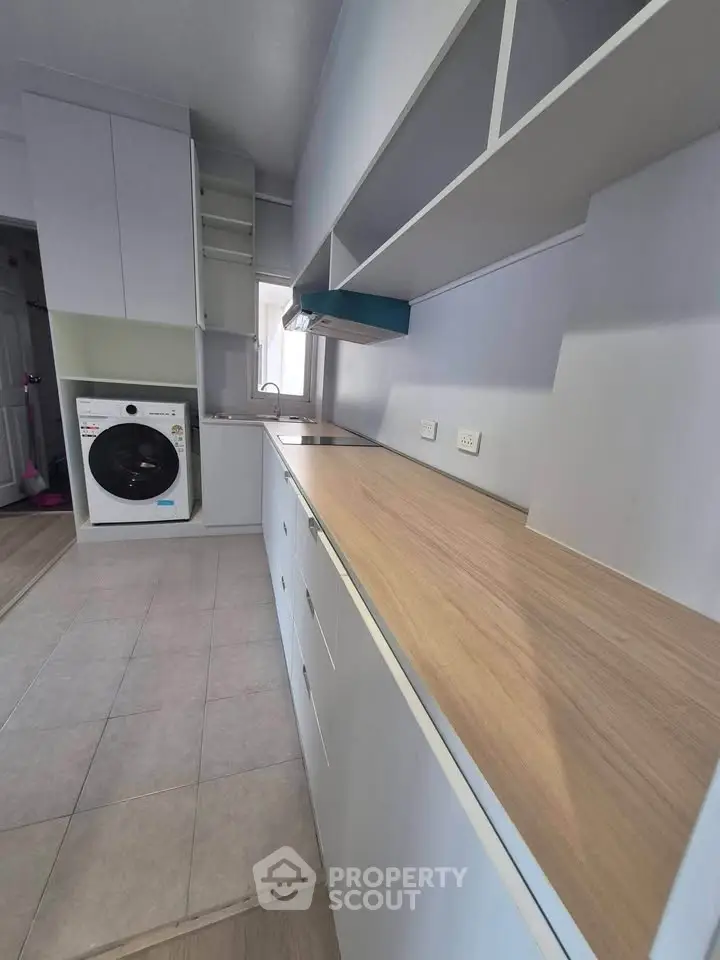 Modern kitchen with sleek cabinetry and built-in washing machine, showcasing efficient use of space.
