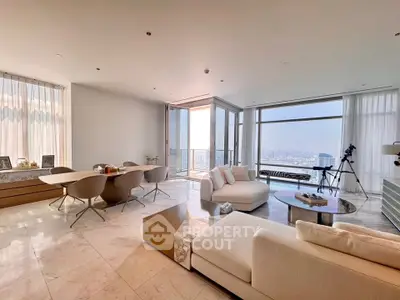 Luxurious modern living room with panoramic city views and elegant furnishings.