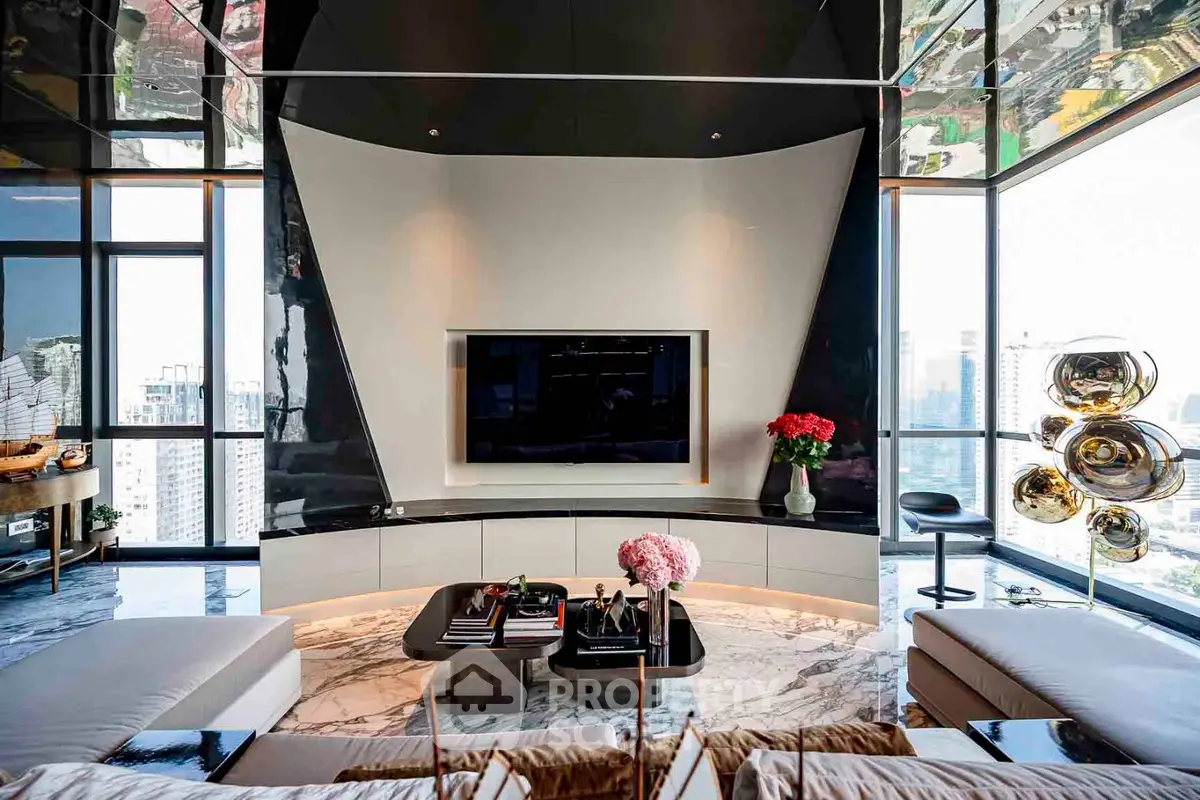 Luxurious modern living room with panoramic city views and elegant decor