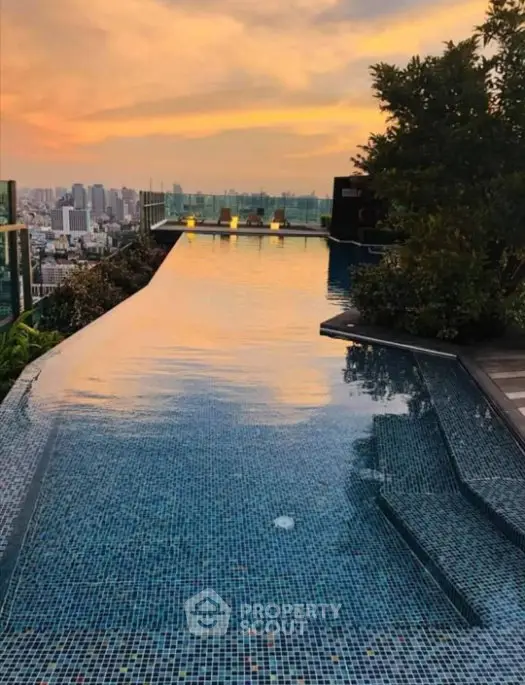 Stunning rooftop infinity pool with breathtaking city skyline view at sunset.