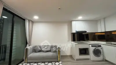 Modern open-layout living room with sleek kitchen and washing machine, featuring a cozy gray sofa and stylish decor.