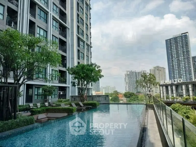 Luxurious high-rise apartment with stunning rooftop pool and city skyline view.