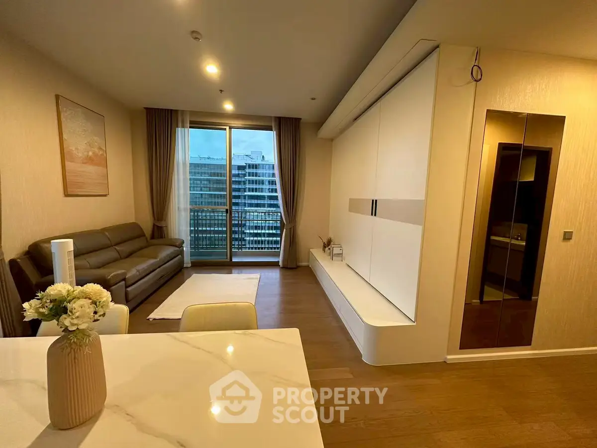 Modern living room with balcony view and elegant interior design