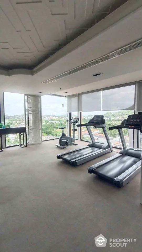 Modern gym with treadmills and scenic view in luxury high-rise building.