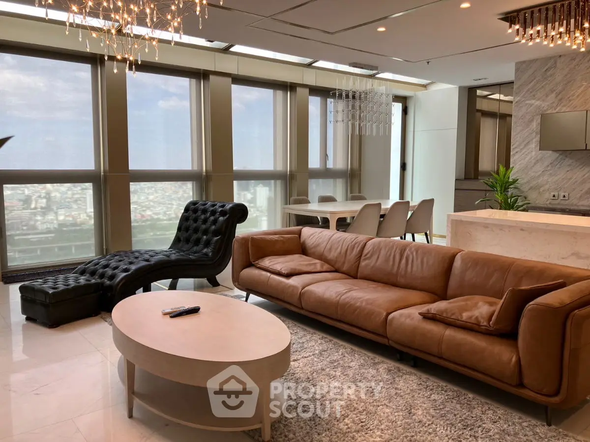 Luxurious living room with panoramic city view, elegant leather sofa, and modern decor.
