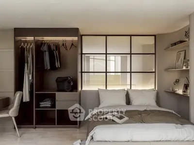 Modern bedroom with open closet and stylish decor
