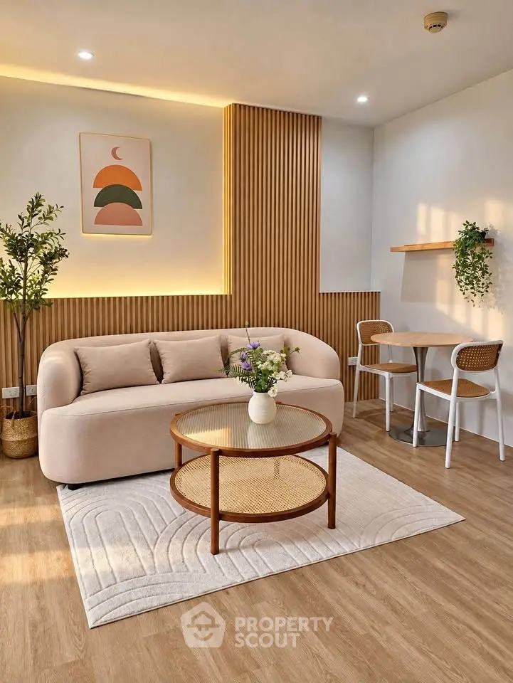 Stylish modern living room with cozy sofa, elegant coffee table, and chic decor in a bright, inviting space.