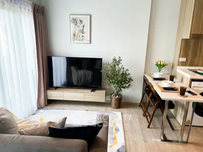 Modern living room with stylish decor and open kitchen layout