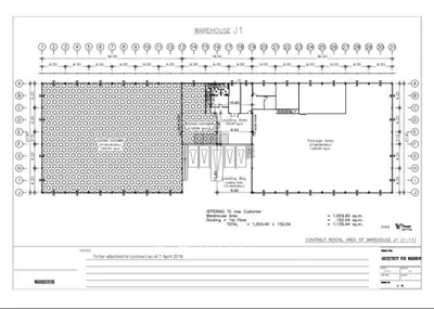 Warehouse floor plan showcasing storage area, loading bay, and office spaces.