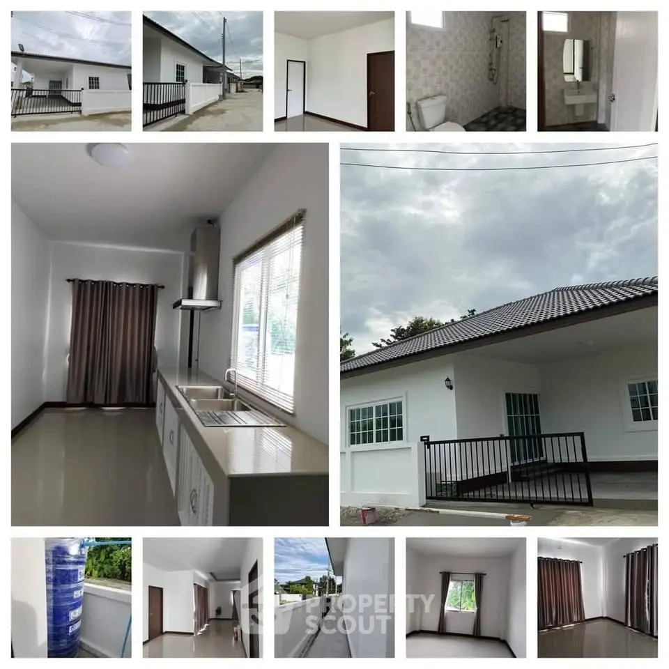 Modern single-story home with sleek kitchen and spacious interiors, featuring large windows and a cozy porch.