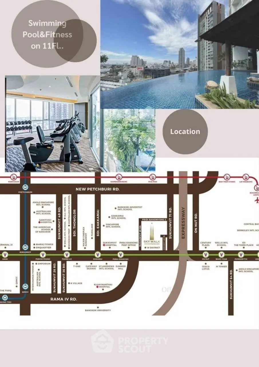 Luxury condo amenities with pool, gym, and location map for urban living.