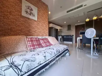 Stylish living room with modern kitchen and cozy decor