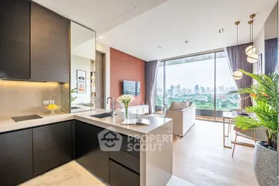 Luxurious open-layout living room with stunning city view and modern kitchen design.