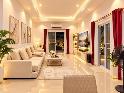 Luxurious modern living room with elegant decor and ambient lighting