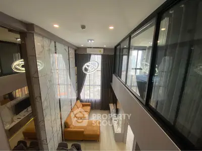 Luxurious modern living room with high ceilings and large windows offering stunning city views.