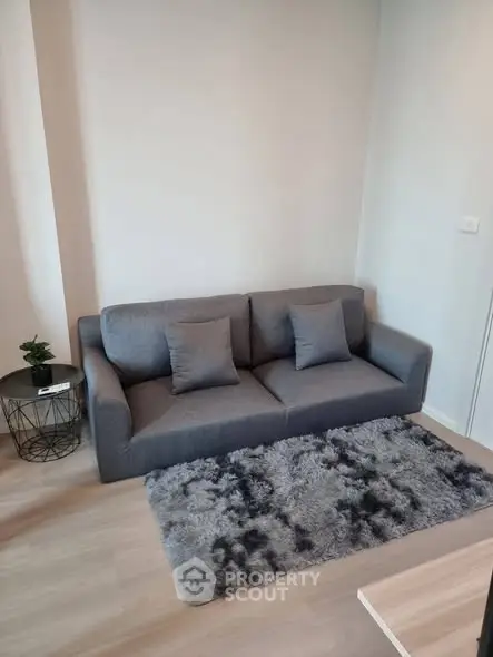 Modern living room with stylish gray sofa and plush rug in a cozy apartment setting.