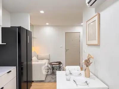 Modern apartment interior with cozy living room and dining area